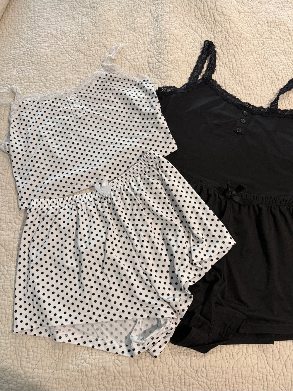 Polka Dot White & Black Loungewear Set + Solid Black Cami Shorts
